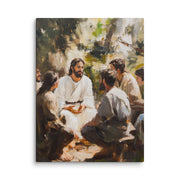 Words of Jesus framed canvas print showing a serene gathering outdoors with people seated in a circle during a teaching moment