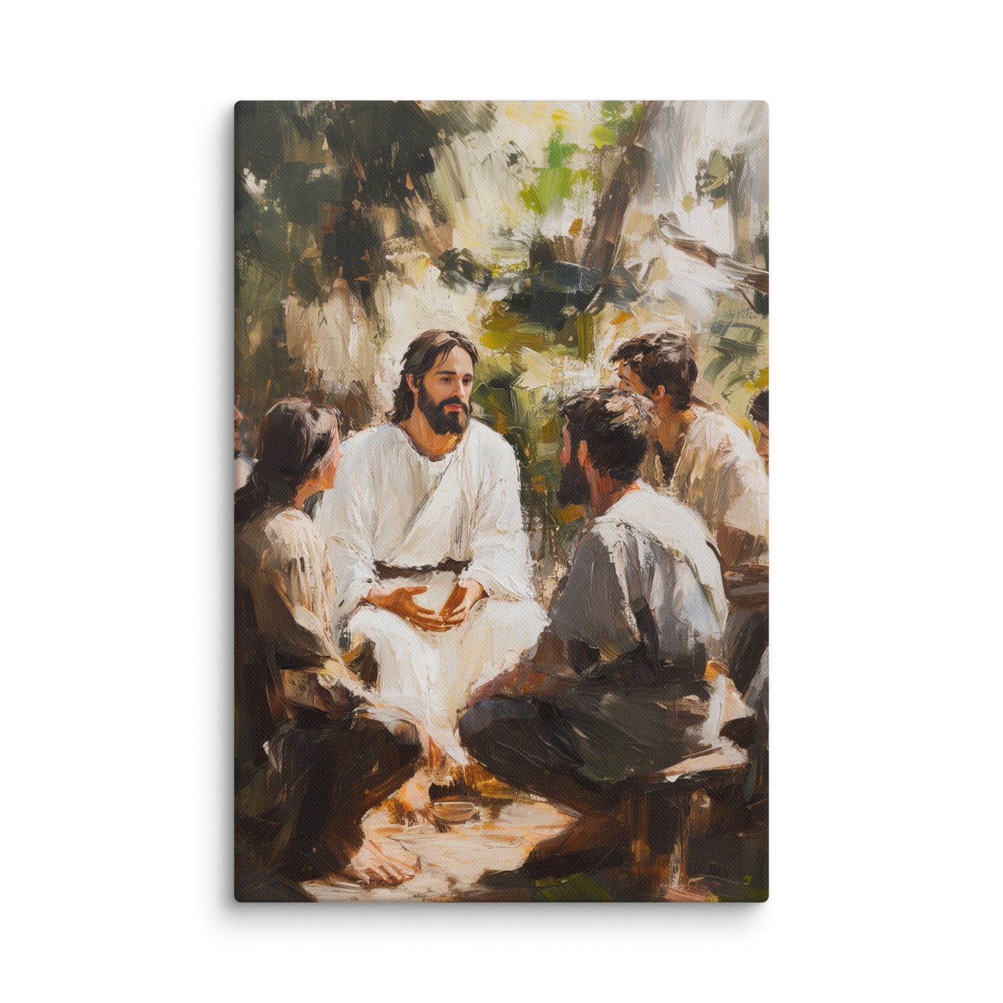 Words of Jesus framed canvas print depicting a spiritual teaching scene in an outdoor natural setting with impressionistic brushstrokes