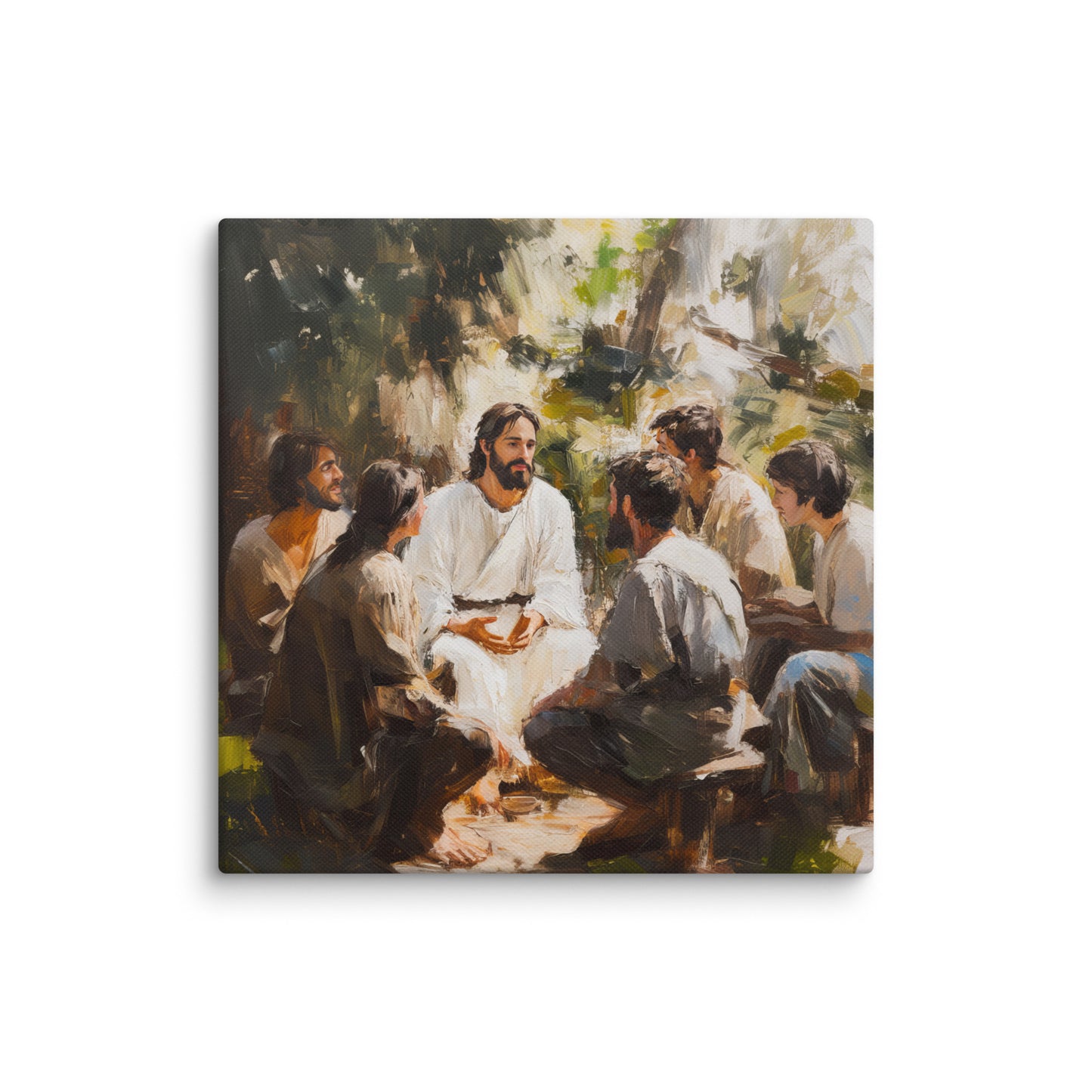 Spiritual scene of teachings depicted in Words of Jesus framed canvas print showing gathering in natural setting