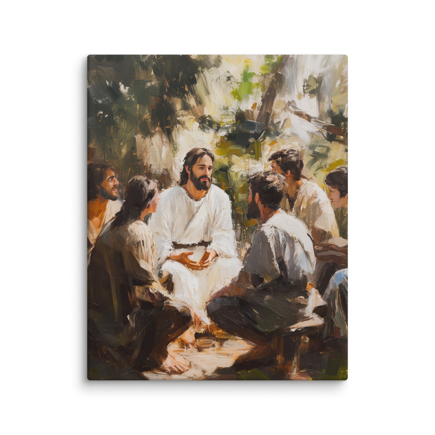 Words of Jesus framed canvas print showing a spiritual gathering outdoors with people seated in a circle listening to teachings