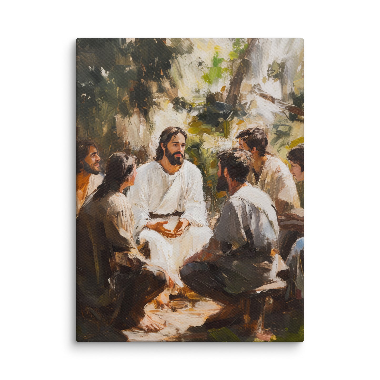 Words of Jesus Framed Canvas Print featuring an artistic scene of teacher with followers gathered outdoors in natural setting