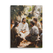 Words of Jesus Framed Canvas Print featuring an artistic scene of teacher with followers gathered outdoors in natural setting