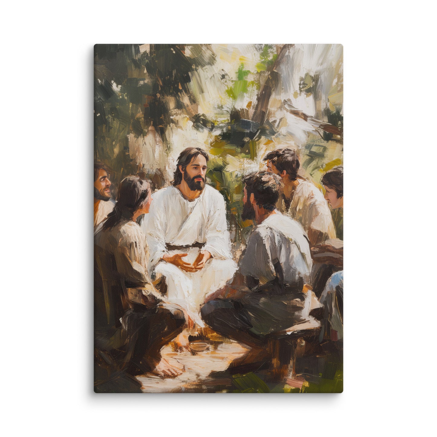 Biblical scene painting showing a gathering outdoors with teaching, Words of Jesus framed canvas print wall art