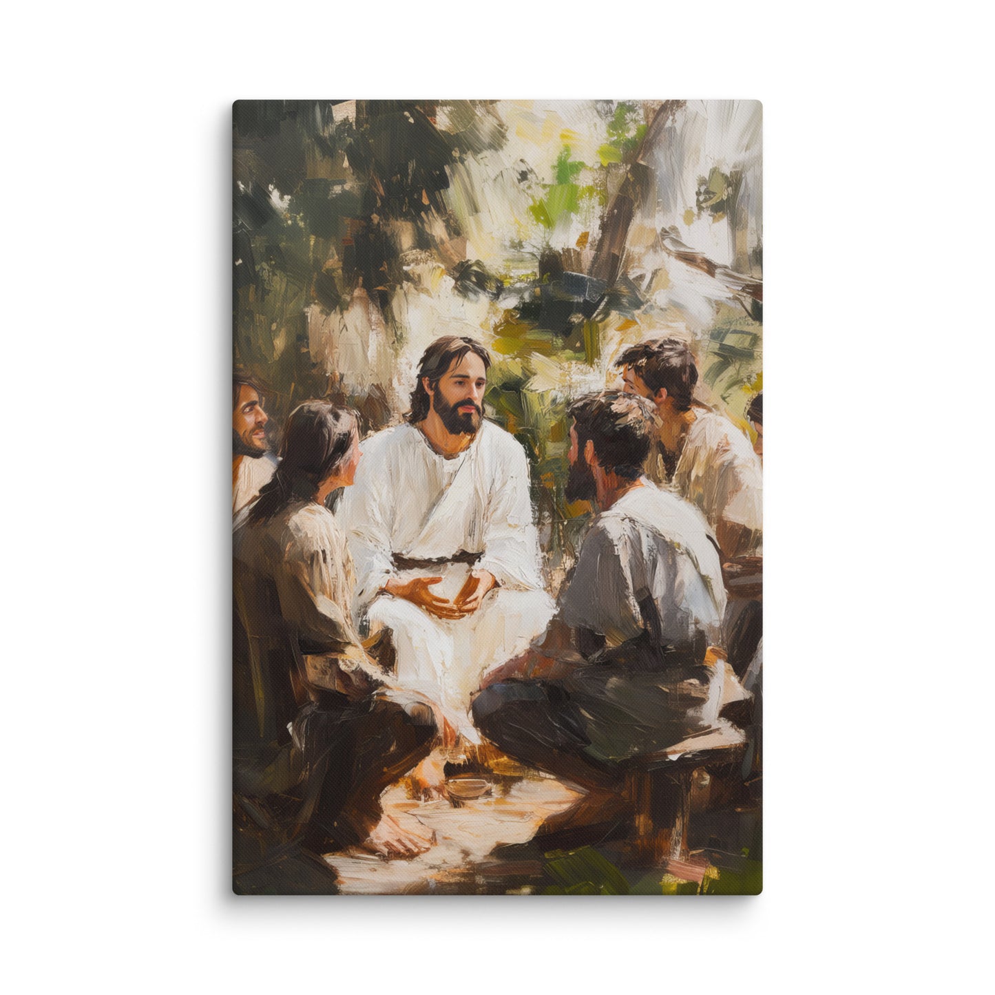 Framed canvas print depicting a spiritual teacher in white robes seated outdoors teaching disciples in natural setting