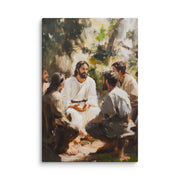 Framed canvas print depicting a spiritual teacher in white robes seated outdoors teaching disciples in natural setting