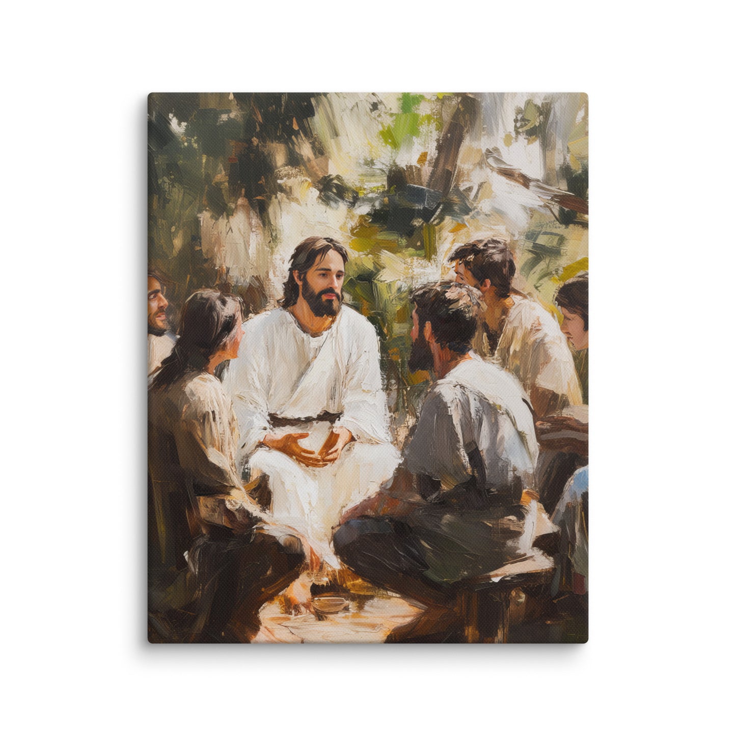 Words of Jesus framed canvas print showing a serene teaching scene with figures gathered in white robes under trees in an impressionist style