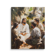 Words of Jesus framed canvas print showing a serene teaching scene with figures gathered in white robes under trees in an impressionist style