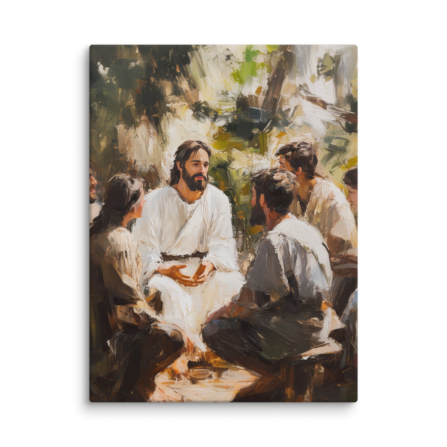 Words of Jesus framed canvas print showing a serene teaching scene in an outdoor setting with warm earth tones and natural lighting