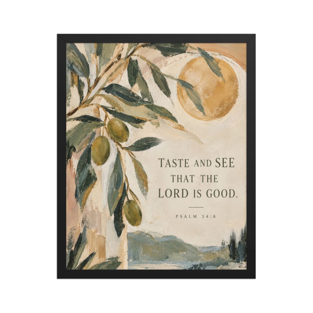 Taste and See Psalm 34:8 — Matte Black Frame / 16″×20″ portrait mockup