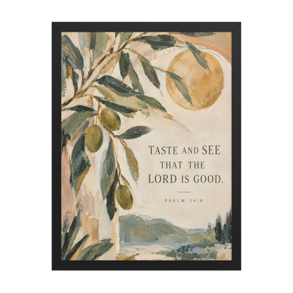 Taste and See Psalm 34:8 — Matte Black Frame / 18″×24″ portrait mockup