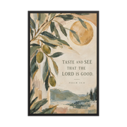 Taste and See Psalm 34:8 — Matte Black Frame / 24″×36″ portrait mockup