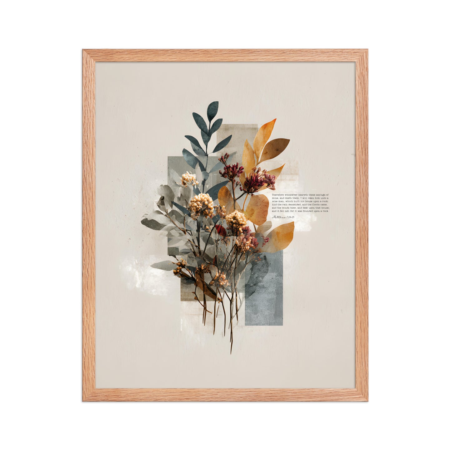 Matthew 7:24–25 Floral Wall Art, "Build on the Rock    Unframed Matte Paper / 11″×14″-Unframed Matte Paper / 12″×16″-Unframed Matte Paper / 12″×18″-Unframed Matte Paper / 16″×20″-Unframed Matte Paper / 18″×24″ 