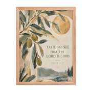 Taste and See Psalm 34:8 — Matte Red Oak Frame / 18″×24″ portrait mockup