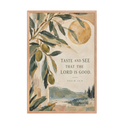 Taste and See Psalm 34:8 — Matte Red Oak Frame / 24″×36″ portrait mockup