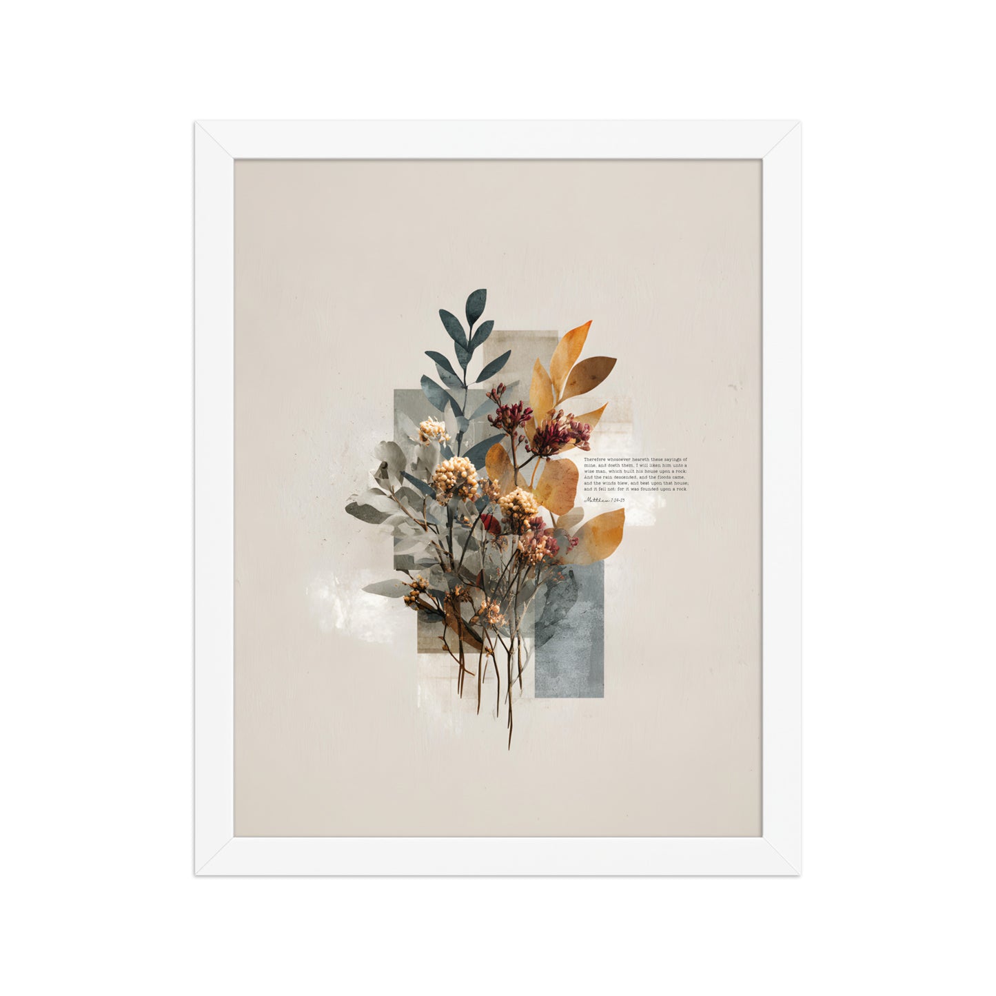 Matthew 7:24–25 Floral Wall Art, "Build on the Rock    Unframed Matte Paper / 11″×14″-Unframed Matte Paper / 12″×16″-Unframed Matte Paper / 12″×18″-Unframed Matte Paper / 16″×20″-Unframed Matte Paper / 18″×24″ 