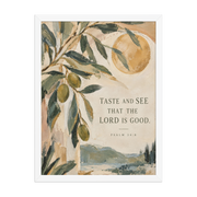 Taste and See Psalm 34:8 — Matte White Frame / 18″×24″ portrait mockup