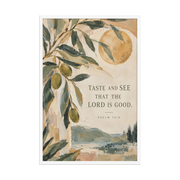 Taste and See Psalm 34:8 — Matte White Frame / 24″×36″ portrait mockup