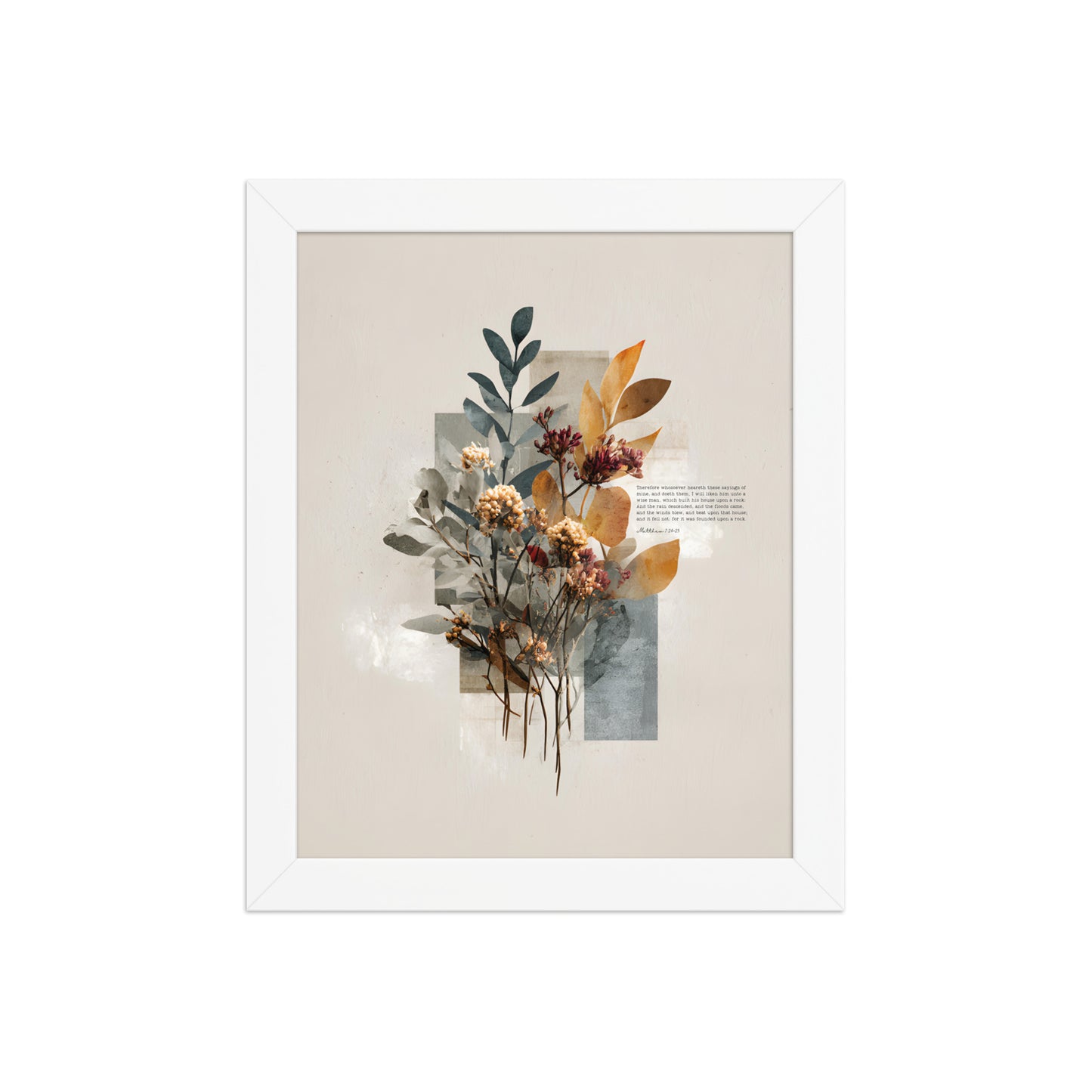 Matthew 7:24–25 Floral Wall Art, "Build on the Rock    Unframed Matte Paper / 11″×14″-Unframed Matte Paper / 12″×16″-Unframed Matte Paper / 12″×18″-Unframed Matte Paper / 16″×20″-Unframed Matte Paper / 18″×24″ 