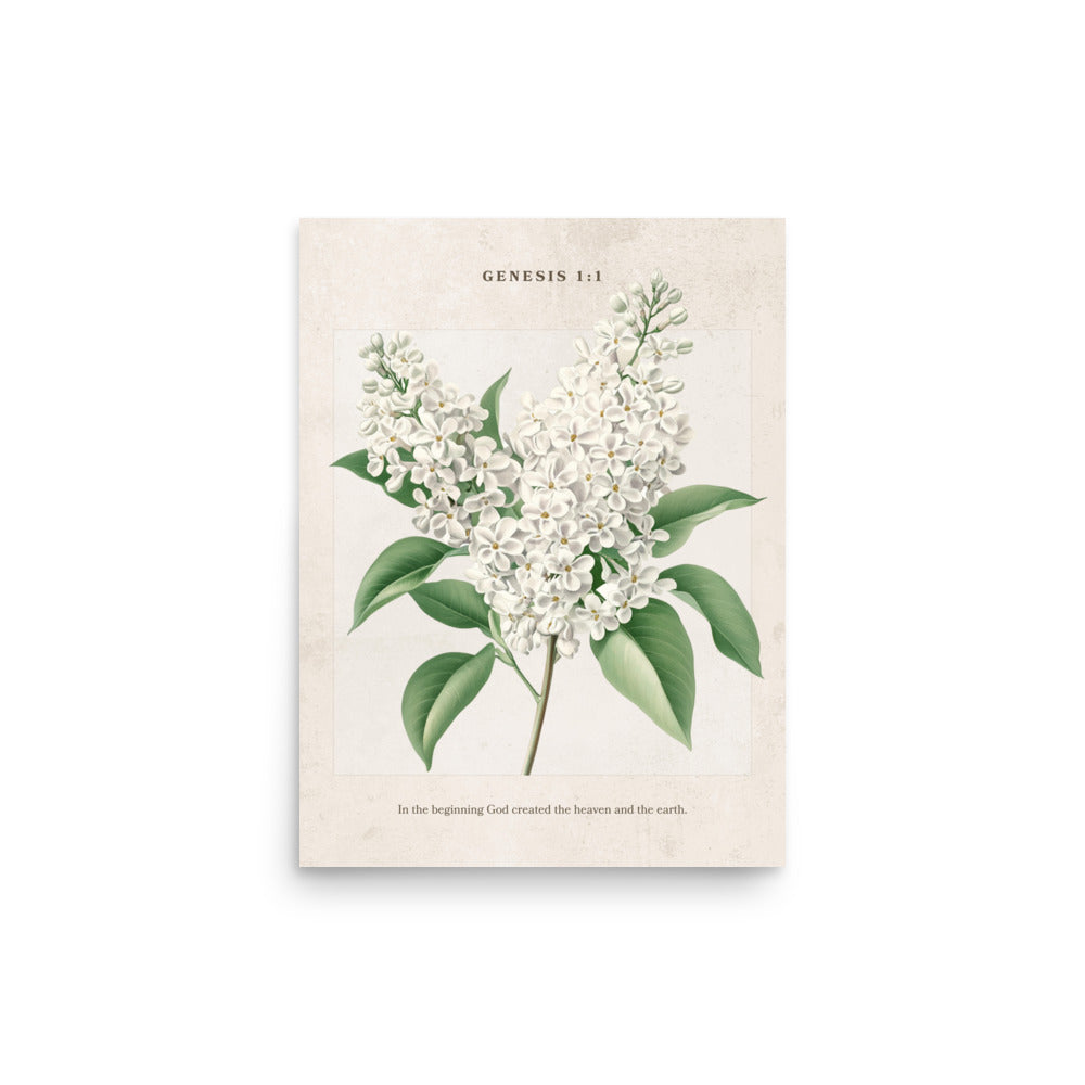 Genesis 1:1 - Vintage Style Floral on Beige Background    Unframed Matte Paper / 8″×10″-Unframed Matte Paper / 11″×14″-Unframed Matte Paper / 12″×16″-Unframed Matte Paper / 16″×20″-Unframed Matte Paper / 18″×24″ 