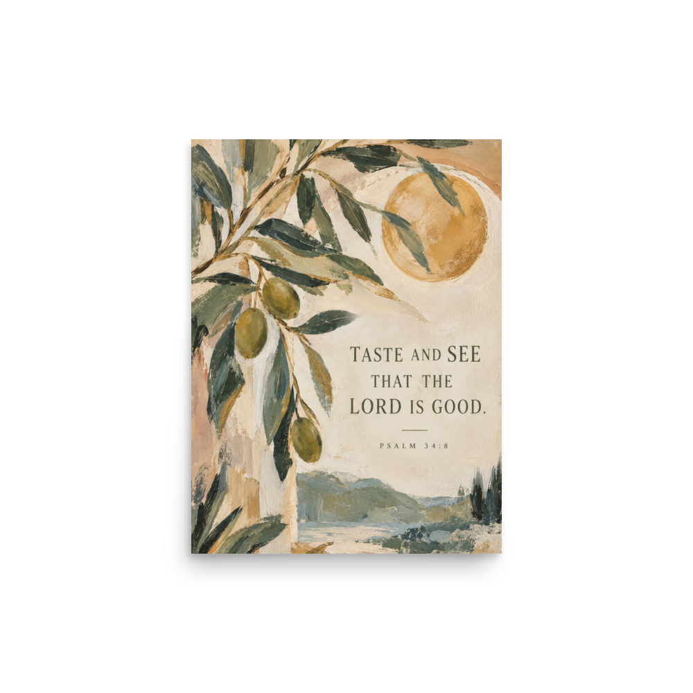 Taste and See Psalm 34:8 — Unframed Matte Paper / 12″×16″ portrait mockup