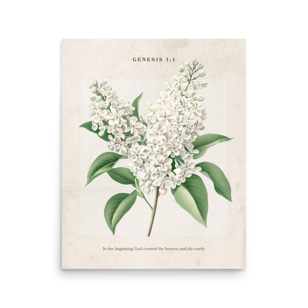Genesis 1:1 - Vintage Style Floral on Beige Background    Unframed Matte Paper / 8″×10″-Unframed Matte Paper / 11″×14″-Unframed Matte Paper / 12″×16″-Unframed Matte Paper / 16″×20″-Unframed Matte Paper / 18″×24″ 