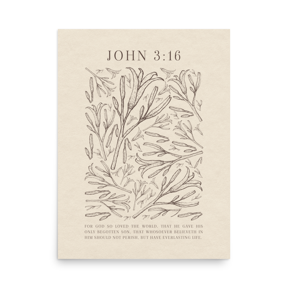 John 3:16 - Black Floral Art On Beige Background    Unframed Matte Paper / 5"x7"-Unframed Matte Paper / 8″×10″-Unframed Matte Paper / 11″×14″-Unframed Matte Paper / 12″×16″-Unframed Matte Paper / 12″×18″-Unframed Matte Paper / 16″×20″-Unframed Matte Paper / A2 (16.5″×23.3″)-Unframed Matte Paper / 18″×24″-Unframed Matte Paper / 24″×36″-Unframed Matte Paper / 20"x30" 