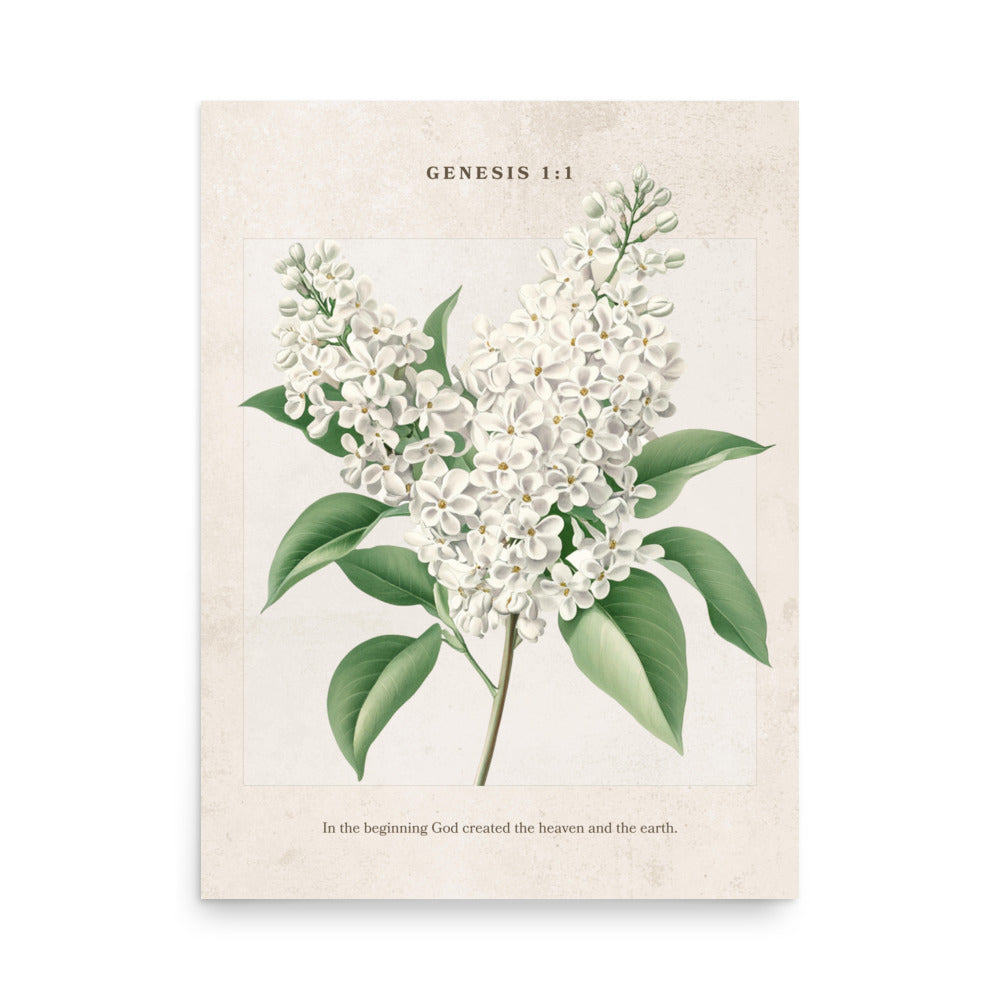 Genesis 1:1 - Vintage Style Floral on Beige Background    Unframed Matte Paper / 8″×10″-Unframed Matte Paper / 11″×14″-Unframed Matte Paper / 12″×16″-Unframed Matte Paper / 16″×20″-Unframed Matte Paper / 18″×24″ 