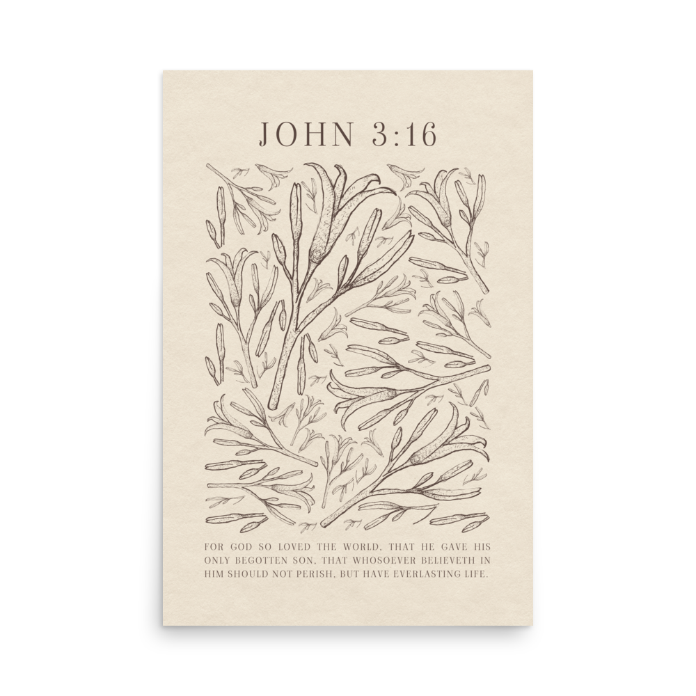 John 3:16 - Black Floral Art On Beige Background