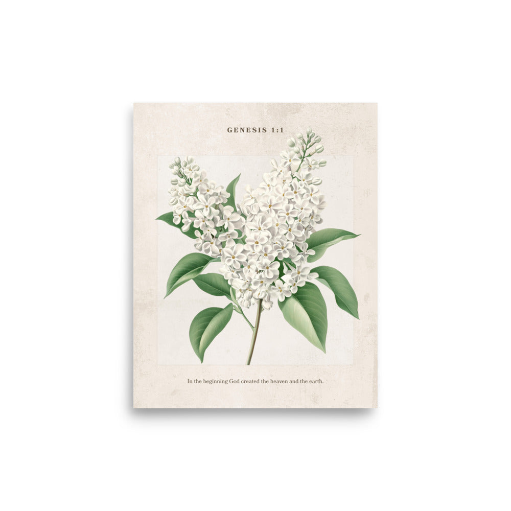 Genesis 1:1 - Vintage Style Floral on Beige Background    Unframed Matte Paper / 8″×10″-Unframed Matte Paper / 11″×14″-Unframed Matte Paper / 12″×16″-Unframed Matte Paper / 16″×20″-Unframed Matte Paper / 18″×24″ 