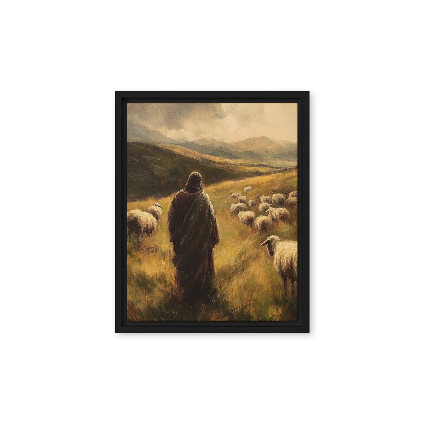 Jesus and His Herd - Framed Canvas Print    Unframed Canvas / 8″×10″-Unframed Canvas / 9″×12″-Unframed Canvas / 11″×14″-Unframed Canvas / 12″×12″-Unframed Canvas / 12″×16″-Unframed Canvas / 12″×18″-Unframed Canvas / 16″×16″-Unframed Canvas / 16″×20″-Unframed Canvas / 18″×24″-Unframed Canvas / 20″×28″ 