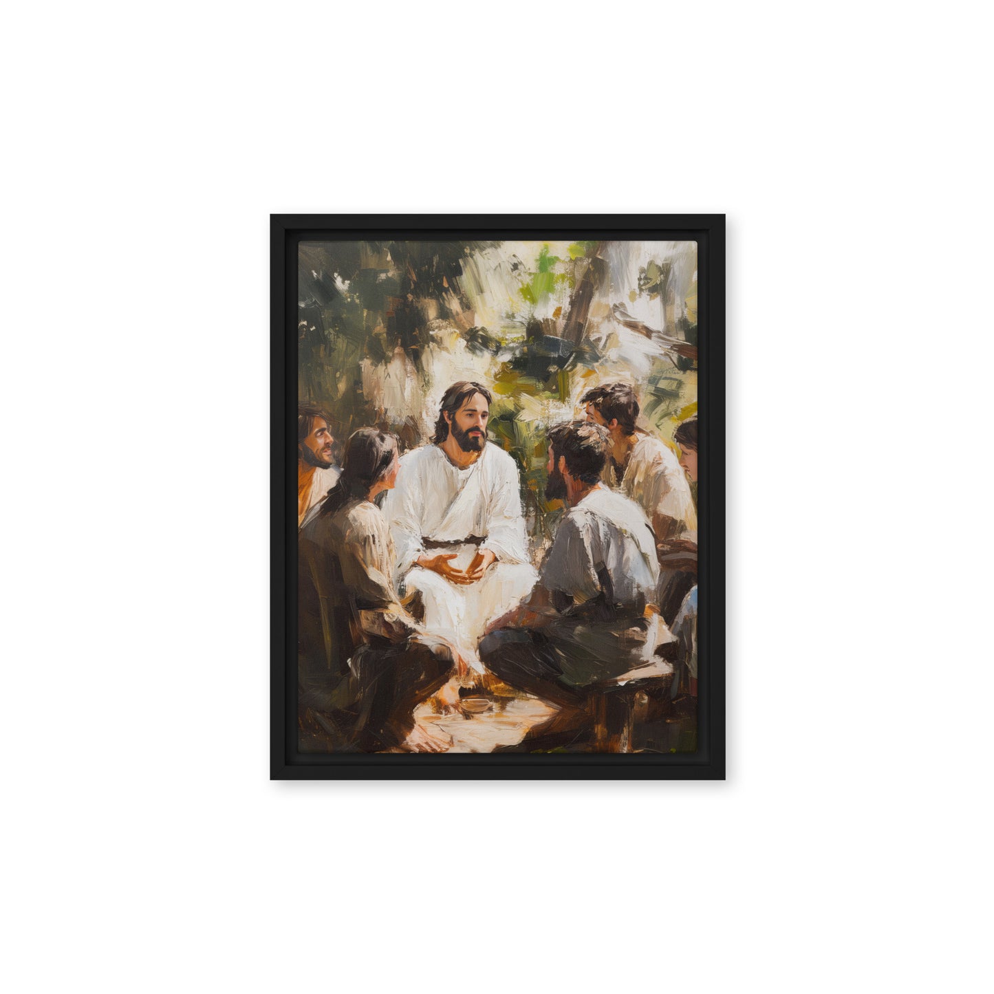 A group gathers outdoors for teaching, depicted in artistic brushstrokes on Words of Jesus framed canvas print in warm, natural tones