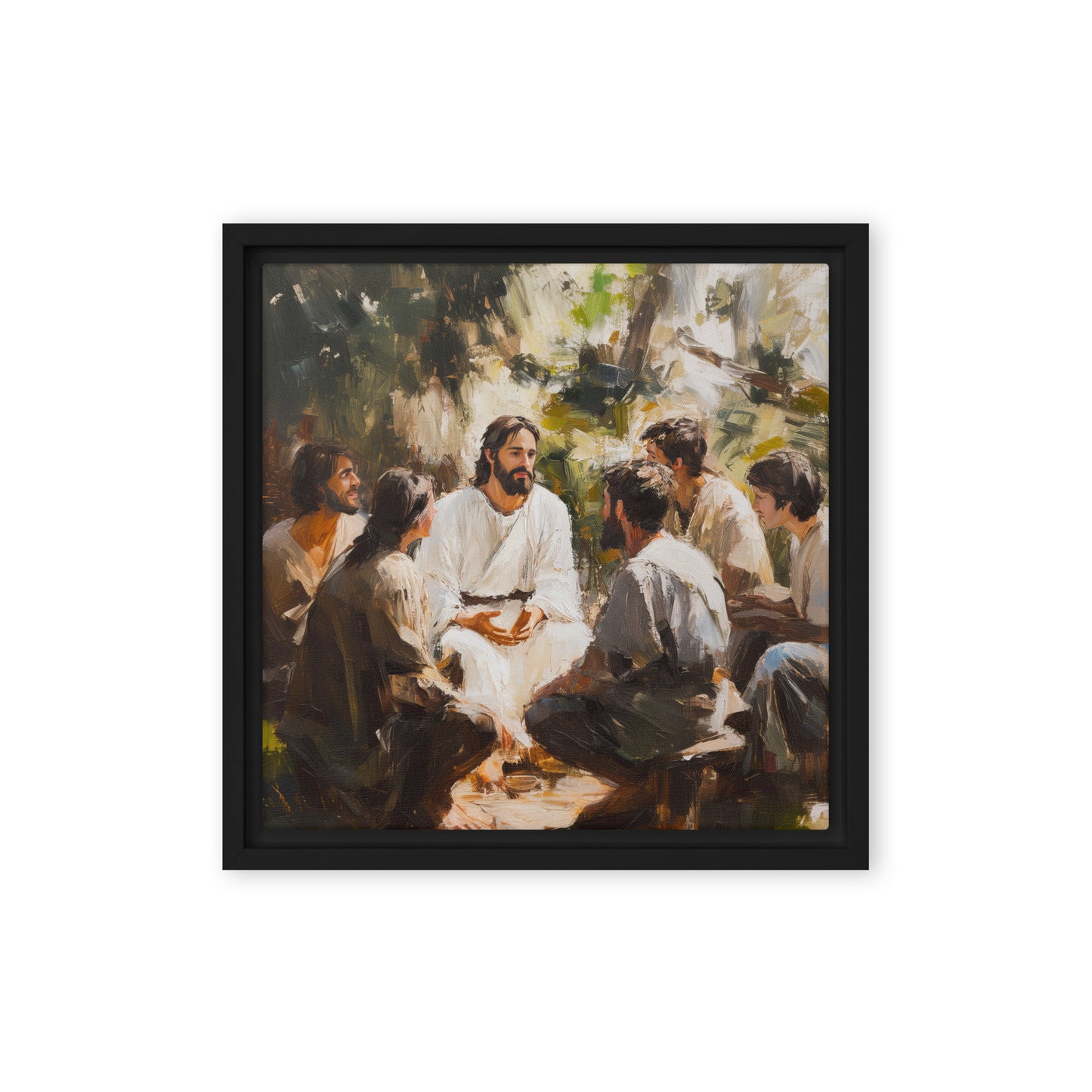 Words of Jesus framed canvas print showing a spiritual teaching scene outdoors with disciples gathered in natural light