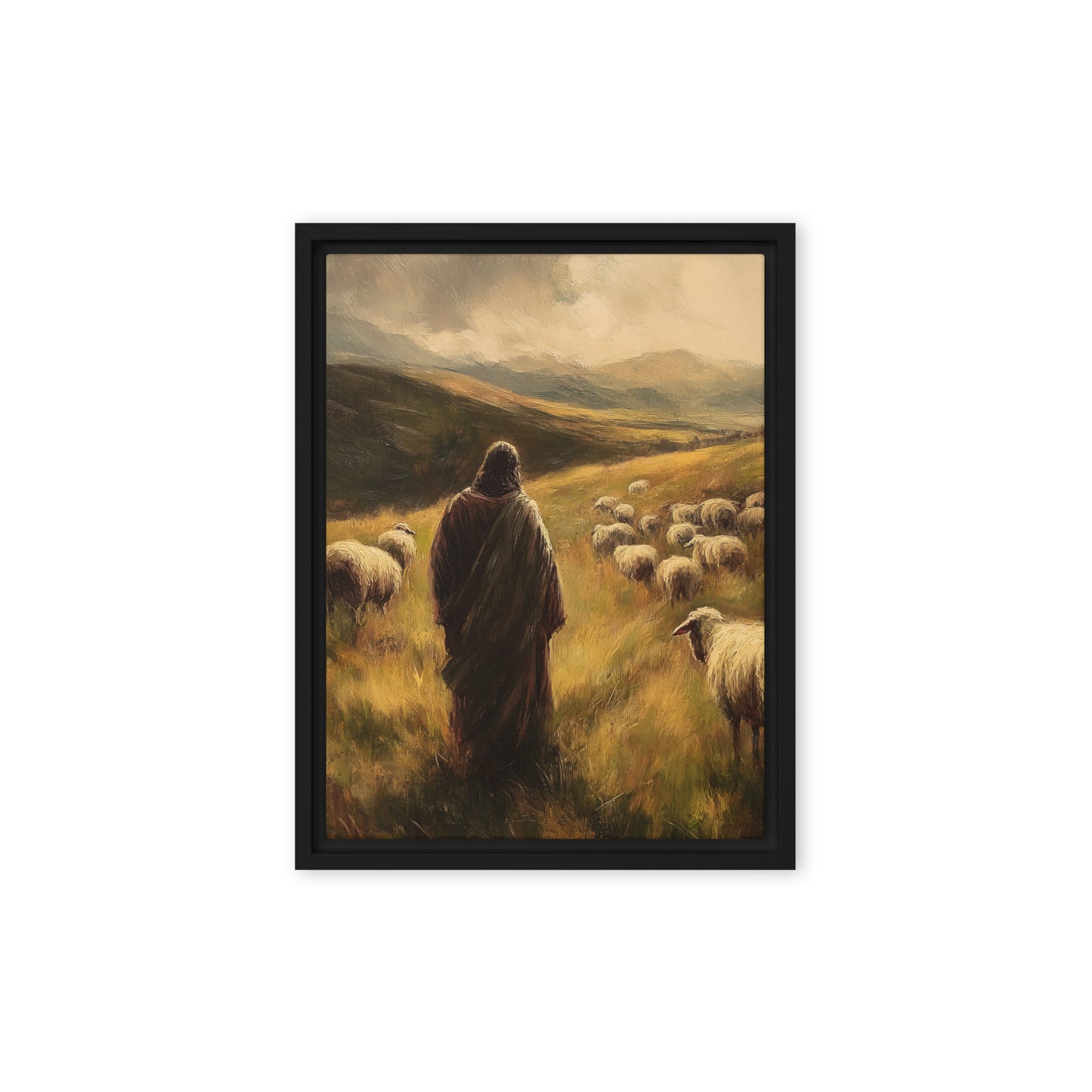Jesus and His Herd - Framed Canvas Print    Unframed Canvas / 8″×10″-Unframed Canvas / 9″×12″-Unframed Canvas / 11″×14″-Unframed Canvas / 12″×12″-Unframed Canvas / 12″×16″-Unframed Canvas / 12″×18″-Unframed Canvas / 16″×16″-Unframed Canvas / 16″×20″-Unframed Canvas / 18″×24″-Unframed Canvas / 20″×28″ 