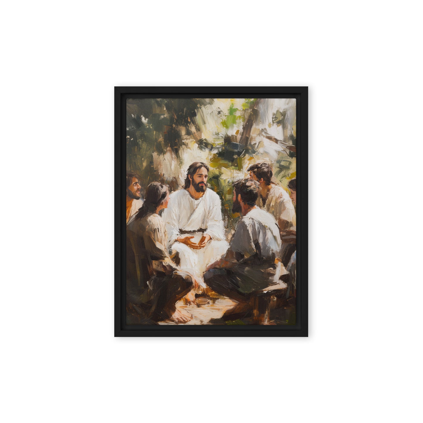 Artistic framed canvas print showing a biblical scene with people gathered outdoors in a teaching moment - Words of Jesus