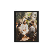 Artistic framed canvas print showing a biblical scene with people gathered outdoors in a teaching moment - Words of Jesus