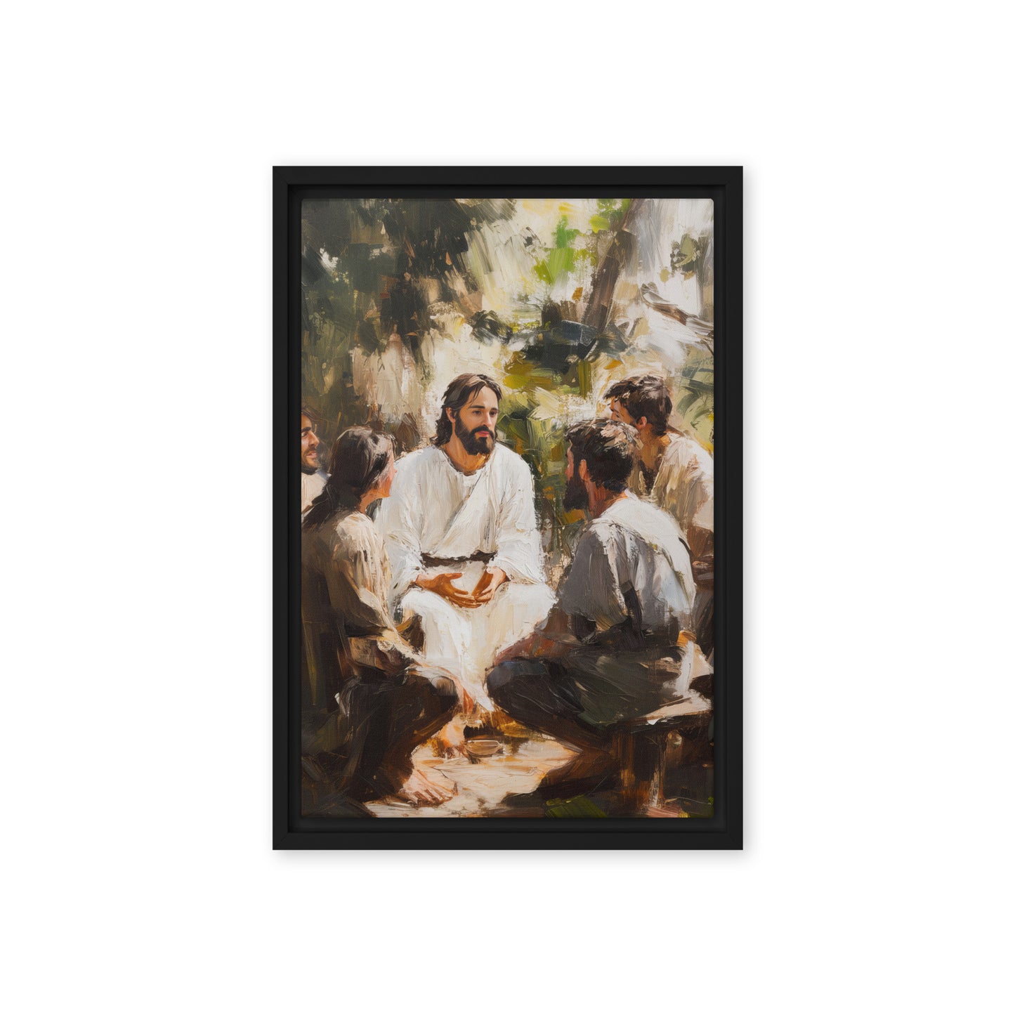 Artistic framed canvas print showing a serene teaching scene in natural setting, Words of Jesus wall art in black frame