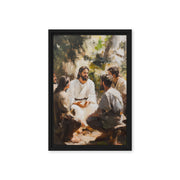 Artistic framed canvas print showing a serene teaching scene in natural setting, Words of Jesus wall art in black frame