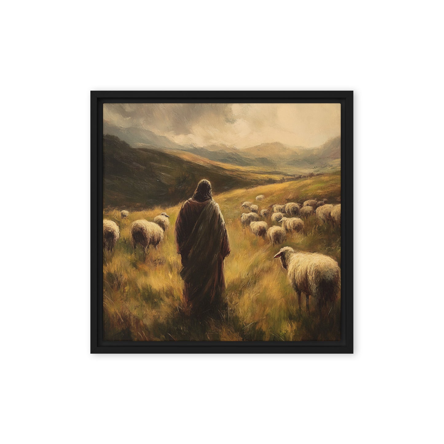Jesus and His Herd - Framed Canvas Print    Unframed Canvas / 8″×10″-Unframed Canvas / 9″×12″-Unframed Canvas / 11″×14″-Unframed Canvas / 12″×12″-Unframed Canvas / 12″×16″-Unframed Canvas / 12″×18″-Unframed Canvas / 16″×16″-Unframed Canvas / 16″×20″-Unframed Canvas / 18″×24″-Unframed Canvas / 20″×28″ 