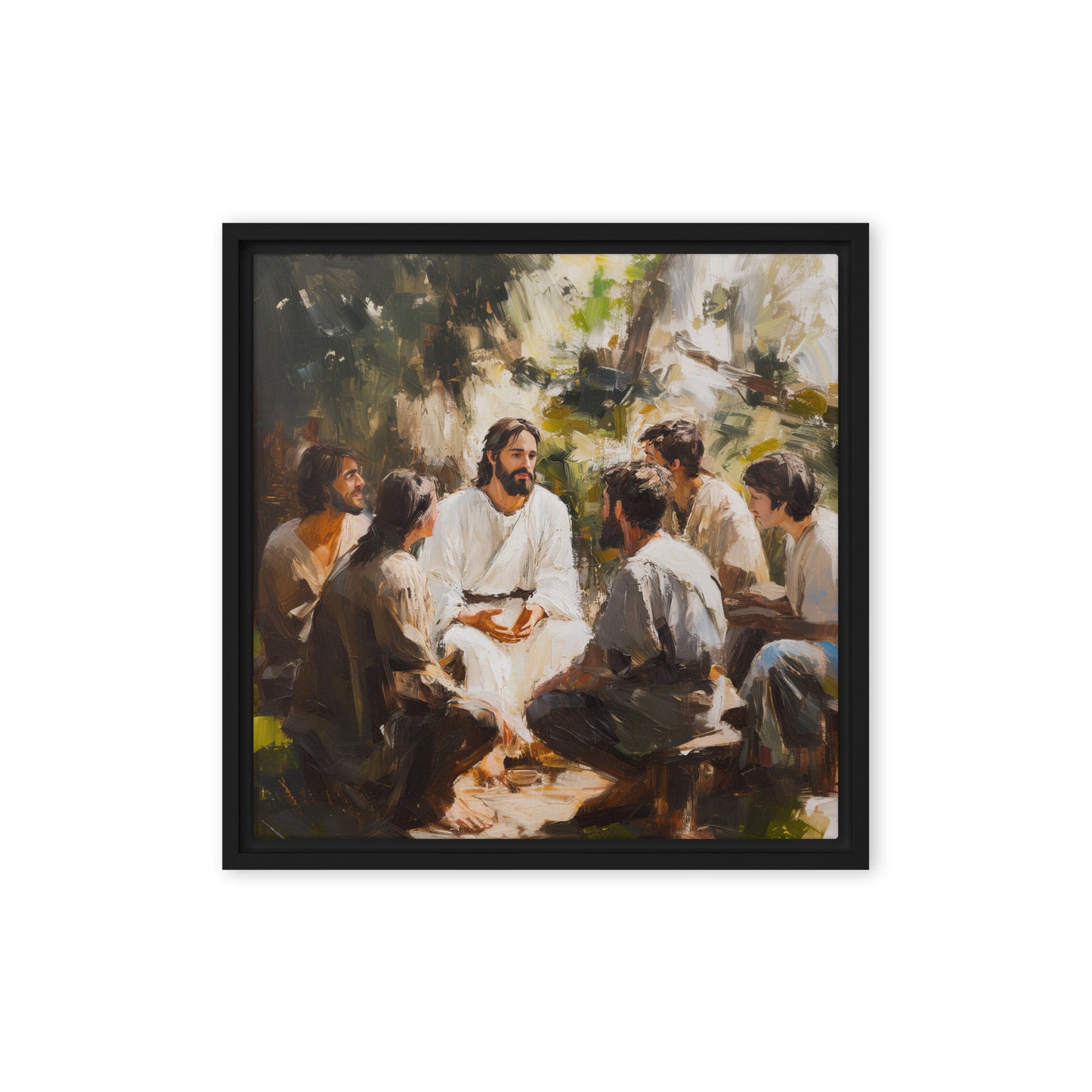 Framed canvas print showing a peaceful gathering outdoors with people in white robes seated in a circle during biblical times