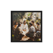 Framed canvas print showing a peaceful gathering outdoors with people in white robes seated in a circle during biblical times