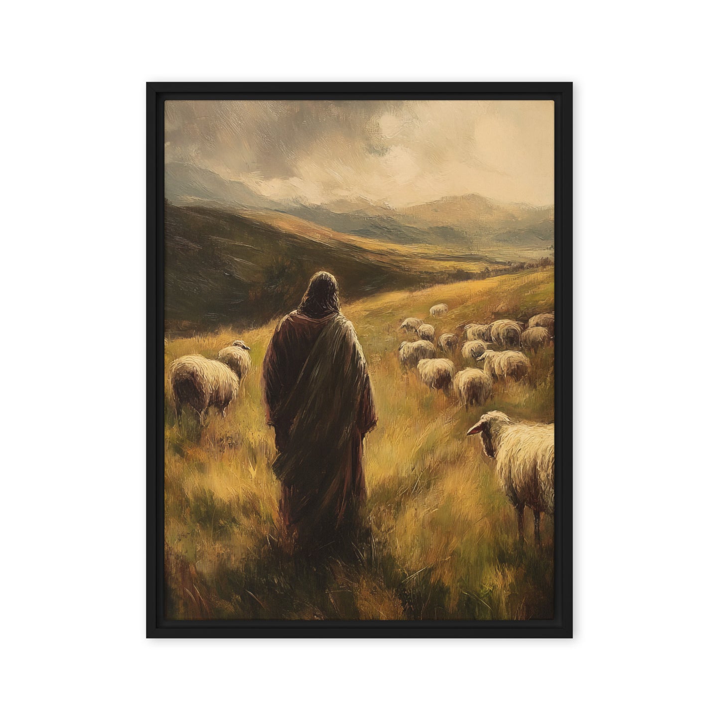 Jesus and His Herd - Framed Canvas Print    Unframed Canvas / 8″×10″-Unframed Canvas / 9″×12″-Unframed Canvas / 11″×14″-Unframed Canvas / 12″×12″-Unframed Canvas / 12″×16″-Unframed Canvas / 12″×18″-Unframed Canvas / 16″×16″-Unframed Canvas / 16″×20″-Unframed Canvas / 18″×24″-Unframed Canvas / 20″×28″ 