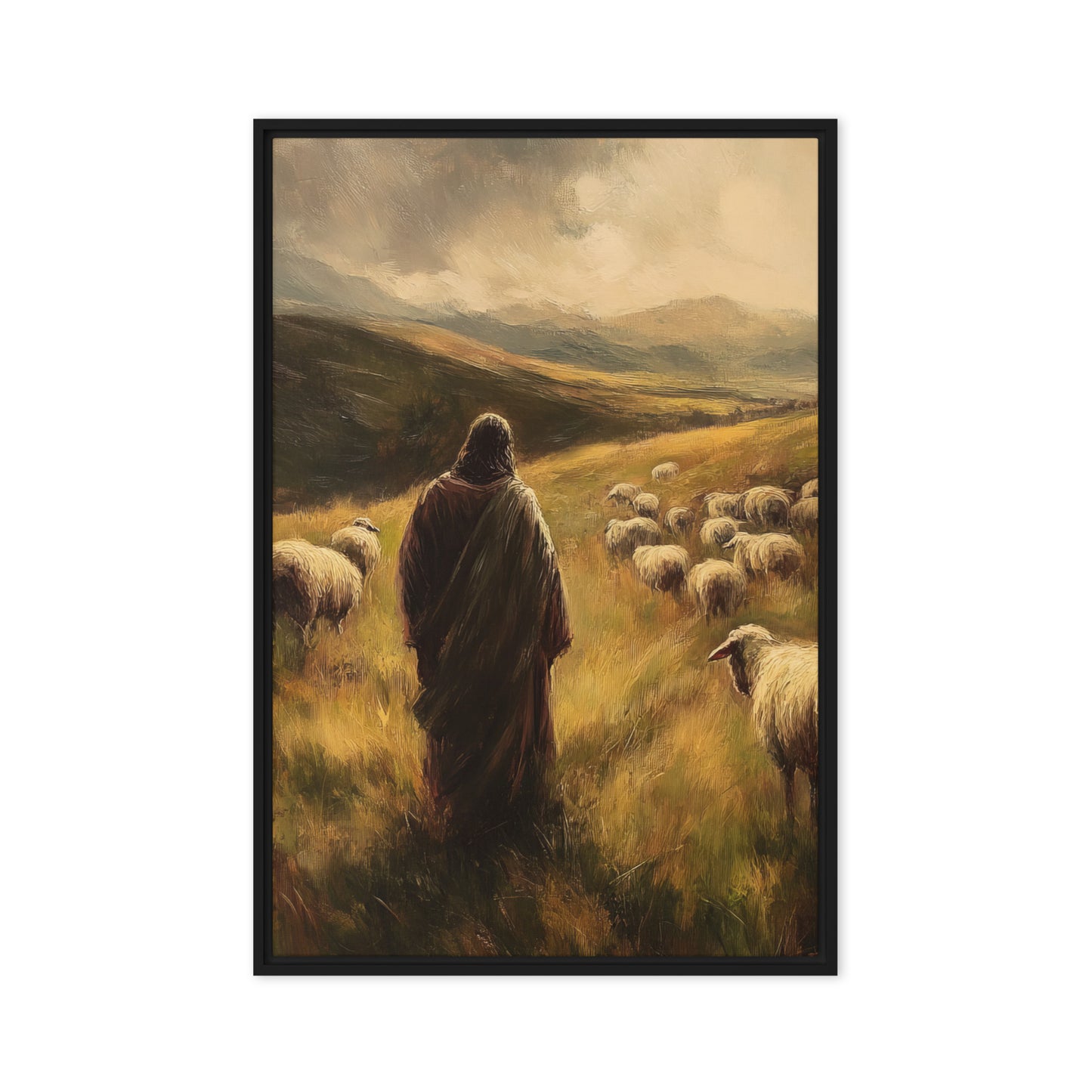 Jesus and His Herd - Framed Canvas Print    Unframed Canvas / 8″×10″-Unframed Canvas / 9″×12″-Unframed Canvas / 11″×14″-Unframed Canvas / 12″×12″-Unframed Canvas / 12″×16″-Unframed Canvas / 12″×18″-Unframed Canvas / 16″×16″-Unframed Canvas / 16″×20″-Unframed Canvas / 18″×24″-Unframed Canvas / 20″×28″ 