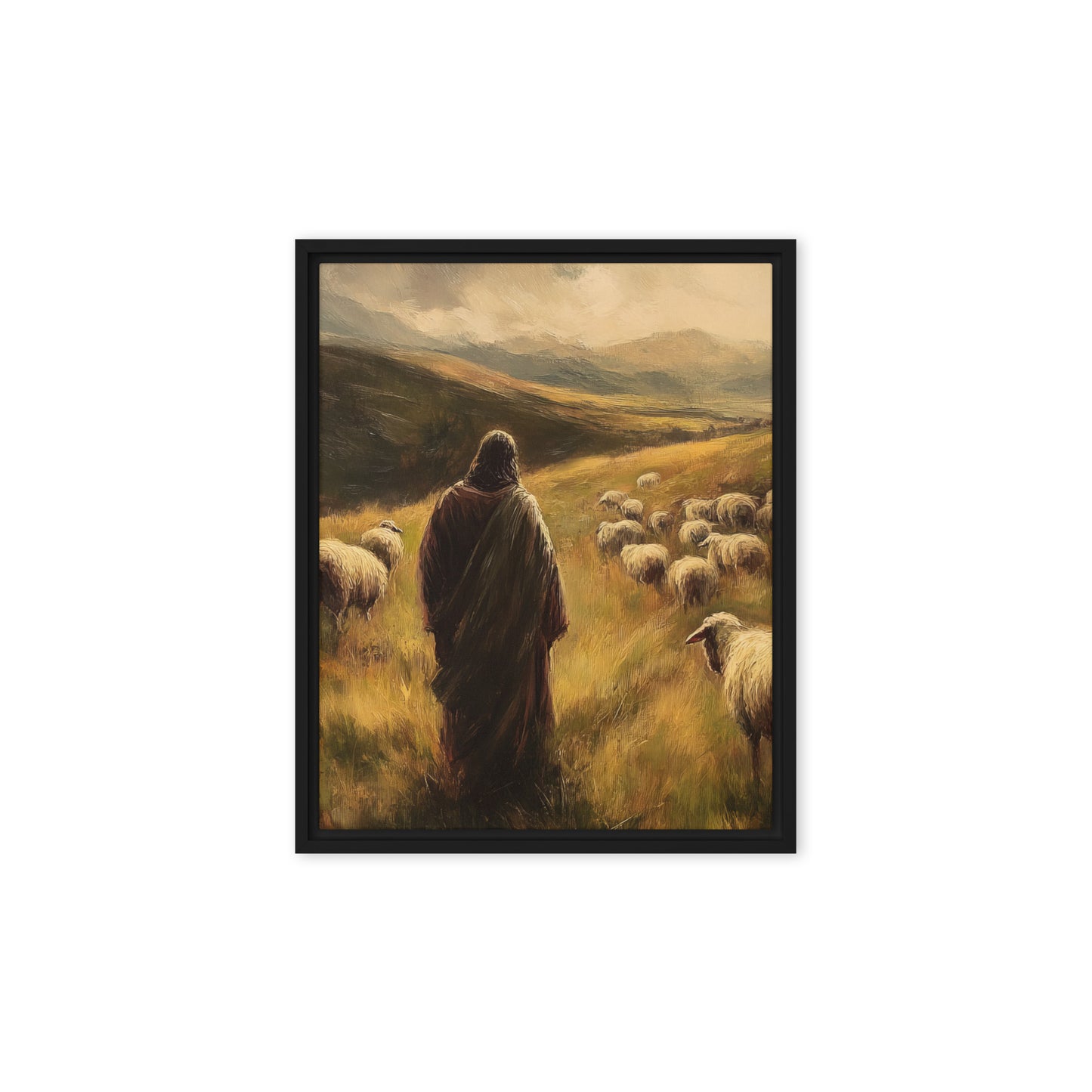 Jesus and His Herd - Framed Canvas Print    Unframed Canvas / 8″×10″-Unframed Canvas / 9″×12″-Unframed Canvas / 11″×14″-Unframed Canvas / 12″×12″-Unframed Canvas / 12″×16″-Unframed Canvas / 12″×18″-Unframed Canvas / 16″×16″-Unframed Canvas / 16″×20″-Unframed Canvas / 18″×24″-Unframed Canvas / 20″×28″ 