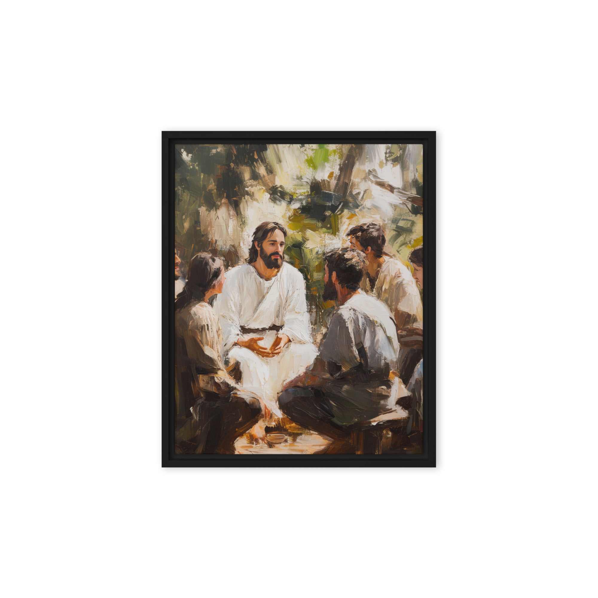 Words of Jesus - Framed Canvas Print showing a peaceful outdoor gathering with people seated in traditional clothing under trees