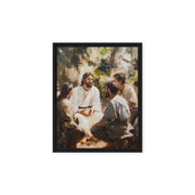 Words of Jesus - Framed Canvas Print showing a peaceful outdoor gathering with people seated in traditional clothing under trees