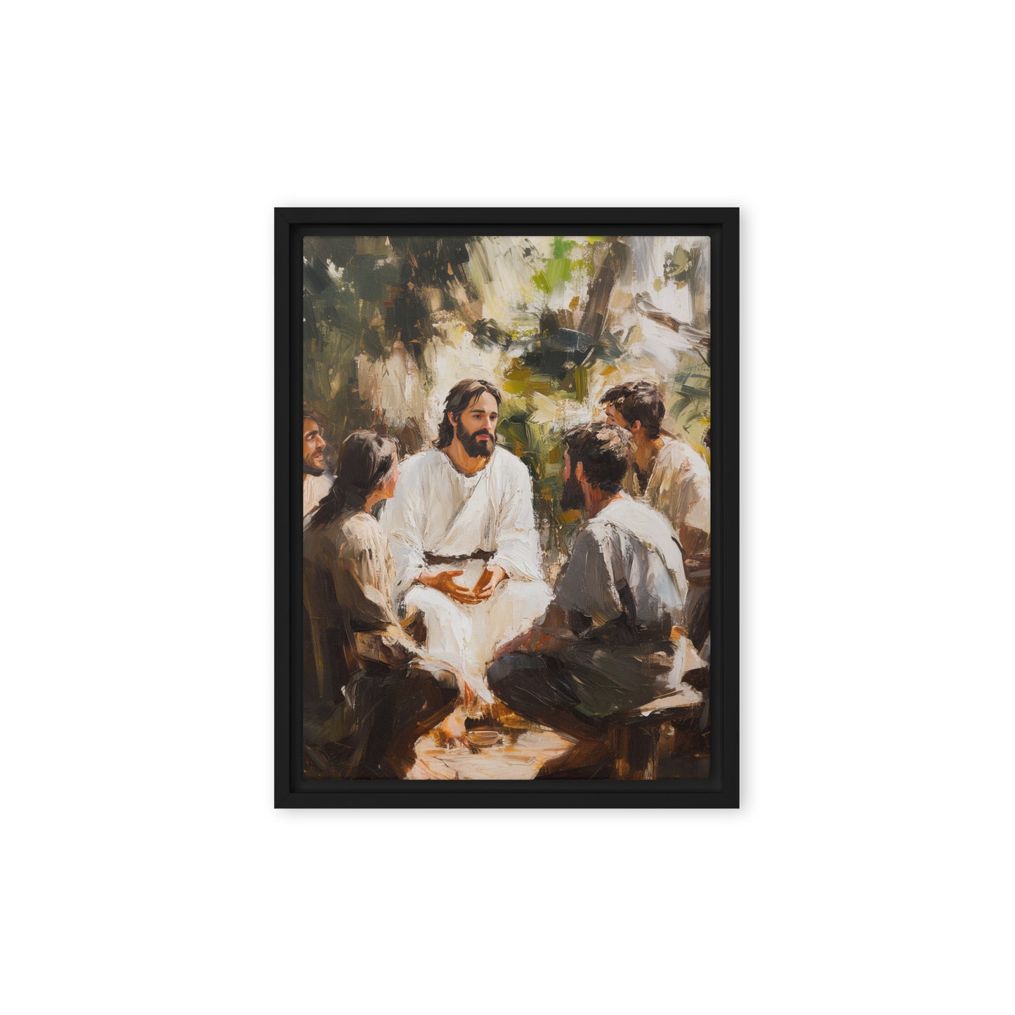 Words of Jesus framed canvas print showing a peaceful outdoor teaching scene in natural earthy tones with black frame