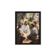 Words of Jesus framed canvas print showing a peaceful outdoor teaching scene in natural earthy tones with black frame