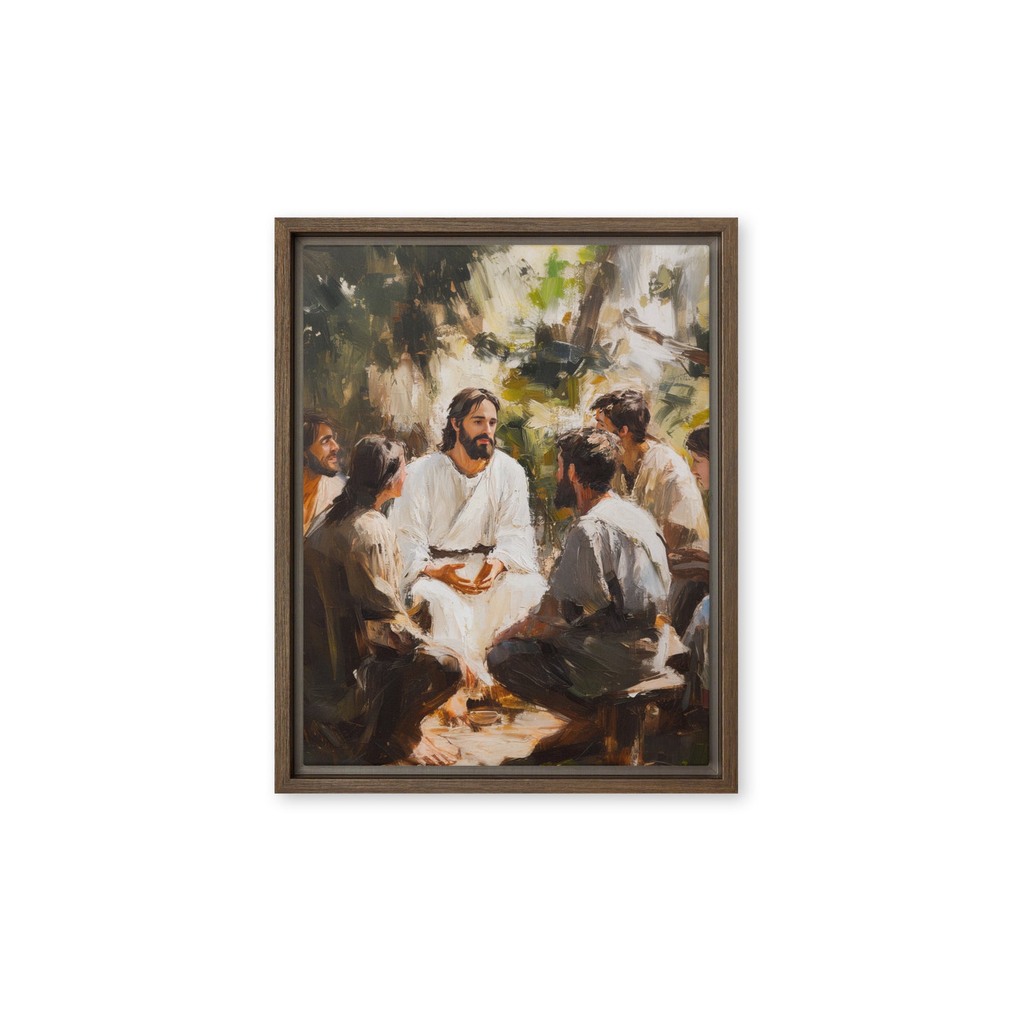 Words of Jesus framed canvas print showing a gathering in nature with peaceful teaching moment in earthy tones