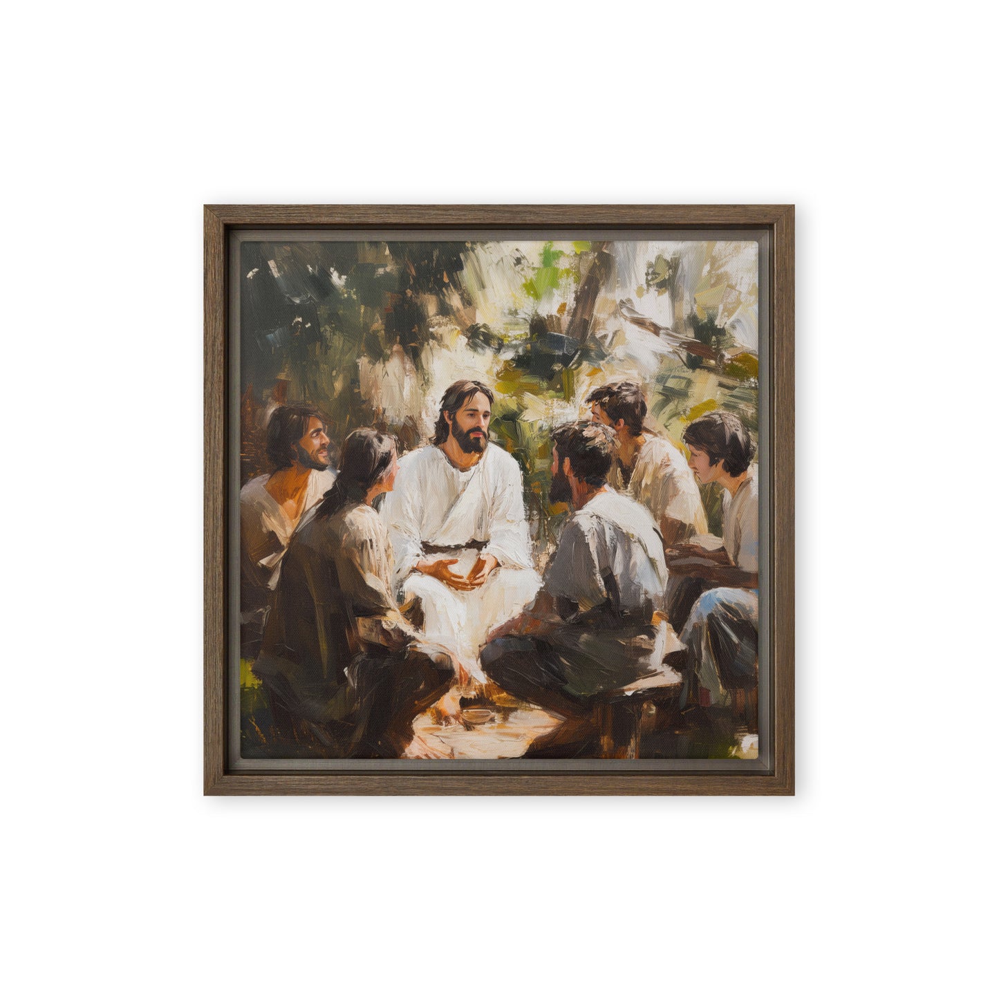 Words of Jesus framed canvas print depicting a spiritual teaching scene in warm earth tones with wooden frame
