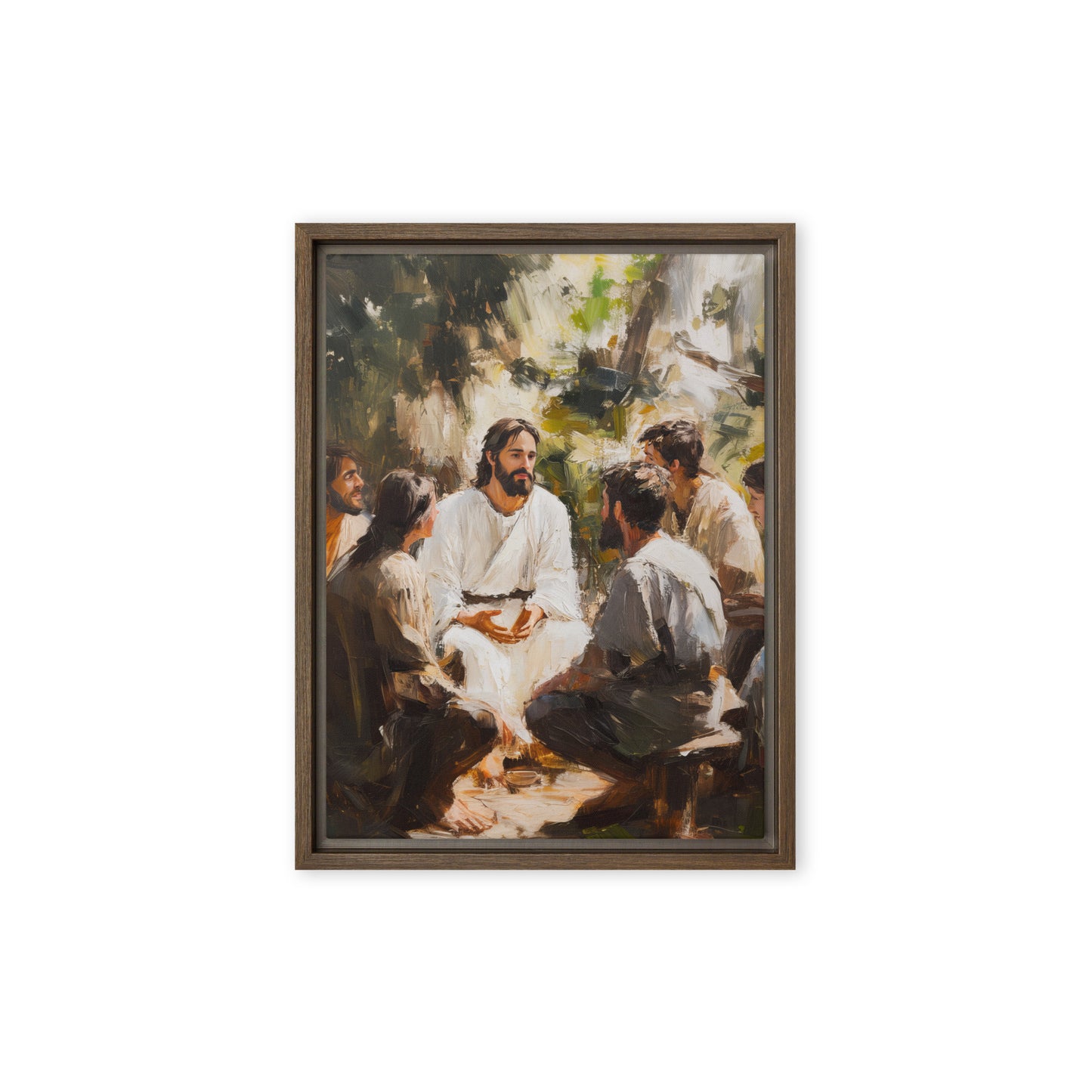 Words of Jesus framed canvas print showing a religious gathering in an impressionistic painting style with warm earthy tones